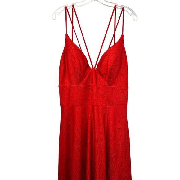 Abby Paris 90015 A-Line V-Neck Spaghetti Stap Long Prom Dress Red Shimmer 14 New - Picture 2 of 11